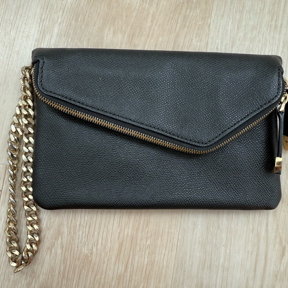 Henri Bendel Black Clutch with Gold Chain
